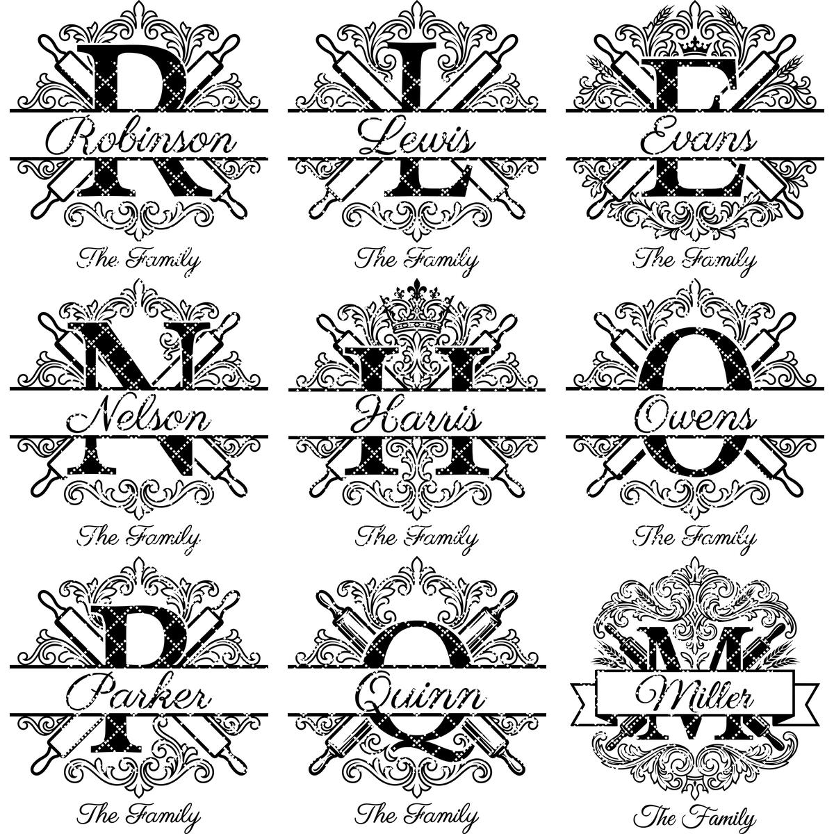 Custom family name monogram, flourish alphabet bundle for engraving boards