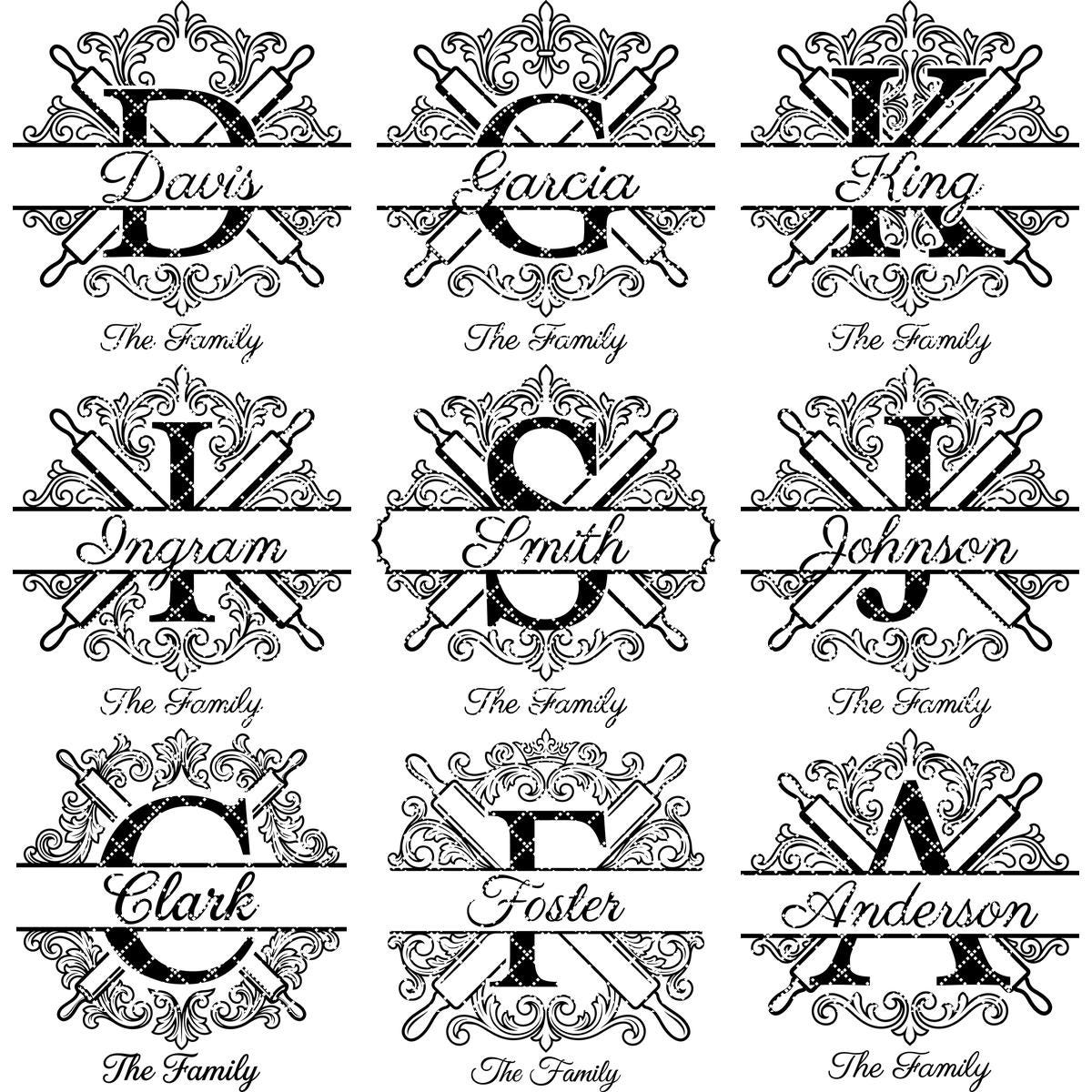 Custom family name monogram, flourish alphabet bundle for engraving boards