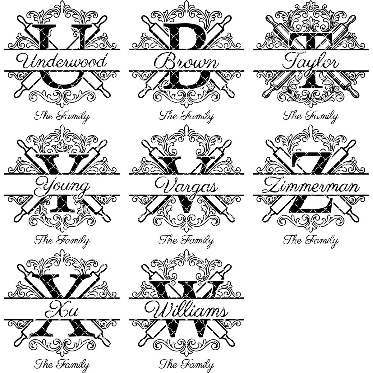 Custom family name monogram, flourish alphabet bundle for engraving boards