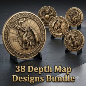 Dragon Coin Depth Map for Laser Engraving, Bronze Relief Medallion Designs