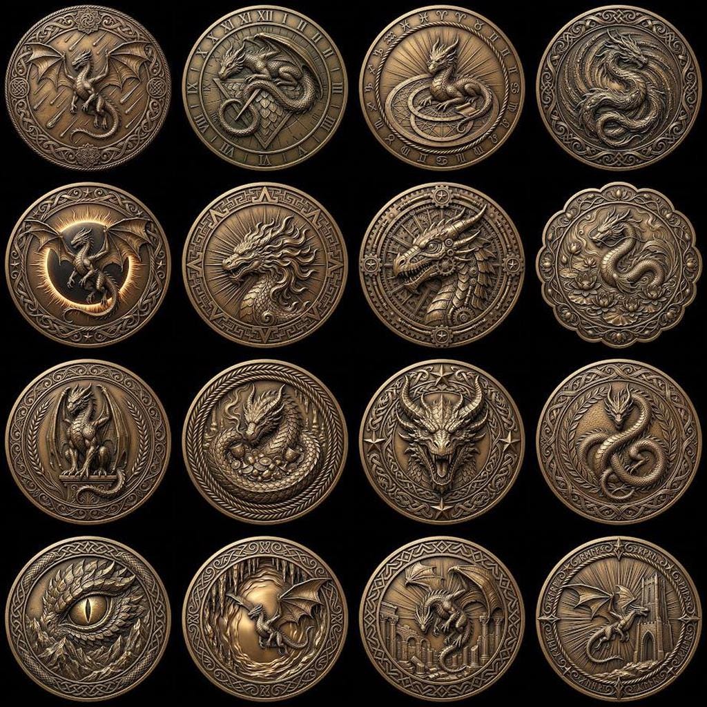 Dragon Coin Depth Map for Laser Engraving, Bronze Relief Medallion Designs
