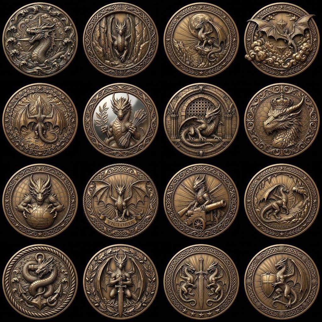 Dragon Coin Depth Map for Laser Engraving, Bronze Relief Medallion Designs