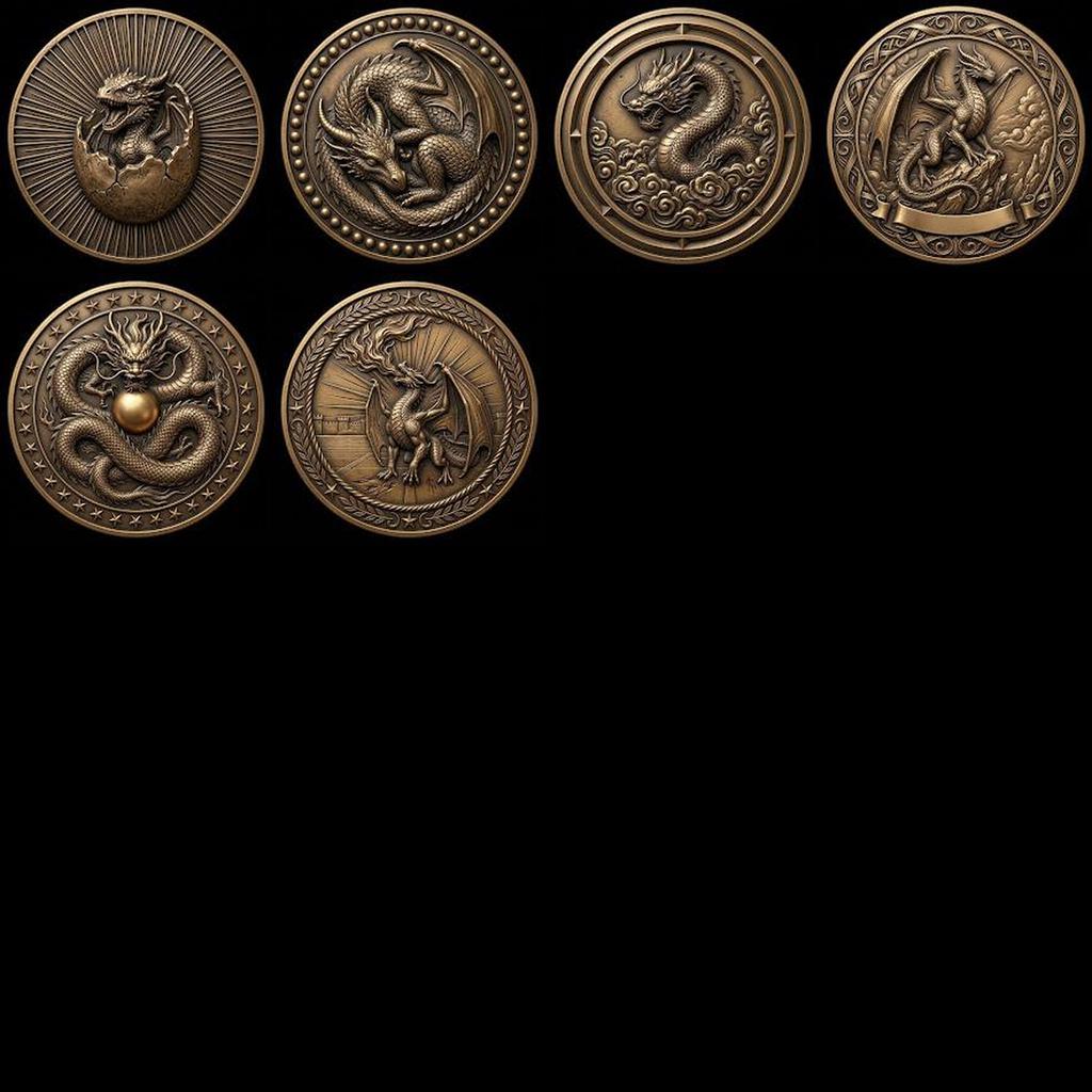 Dragon Coin Depth Map for Laser Engraving, Bronze Relief Medallion Designs