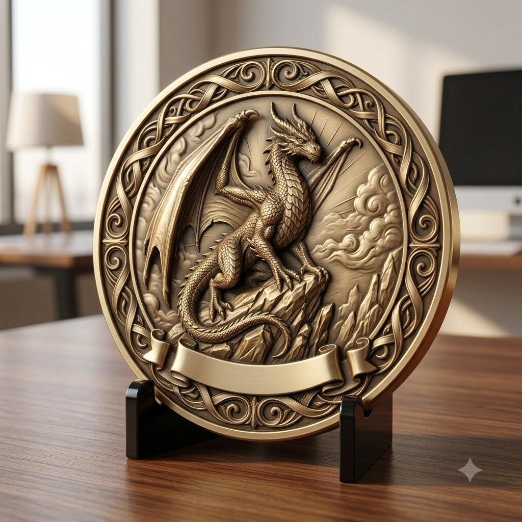 Dragon Coin Depth Map for Laser Engraving, Bronze Relief Medallion Designs