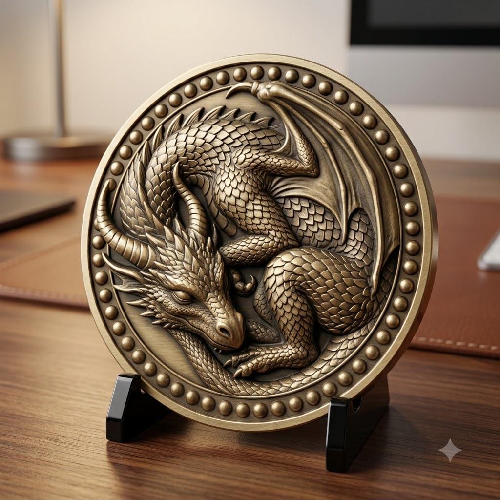 Dragon Coin Depth Map for Laser Engraving, Bronze Relief Medallion Designs