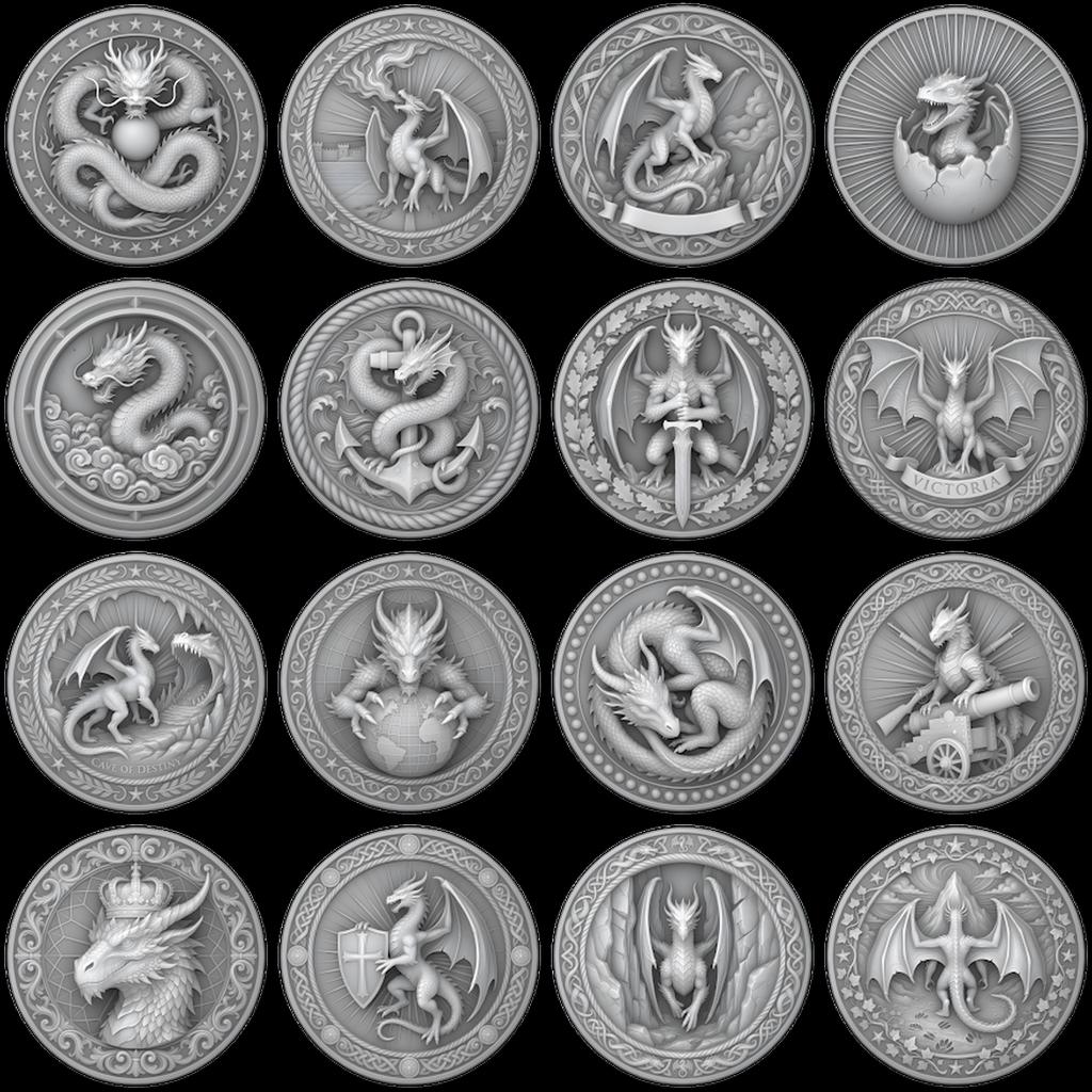 Dragon Coin Depth Map for Laser Engraving, Bronze Relief Medallion Designs