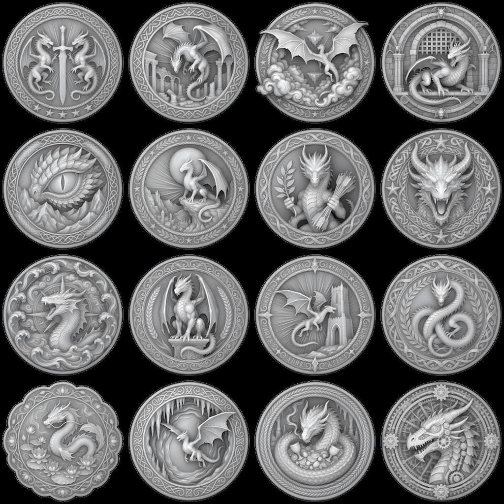 Dragon Coin Depth Map for Laser Engraving, Bronze Relief Medallion Designs