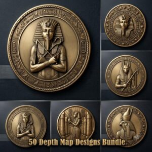 Egyptian Pharaoh Coin, Deep Relief Depth Map for Laser Engraving, PNG Bundle