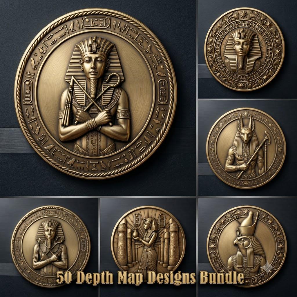 Egyptian Pharaoh Coin, Deep Relief Depth Map for Laser Engraving, PNG Bundle