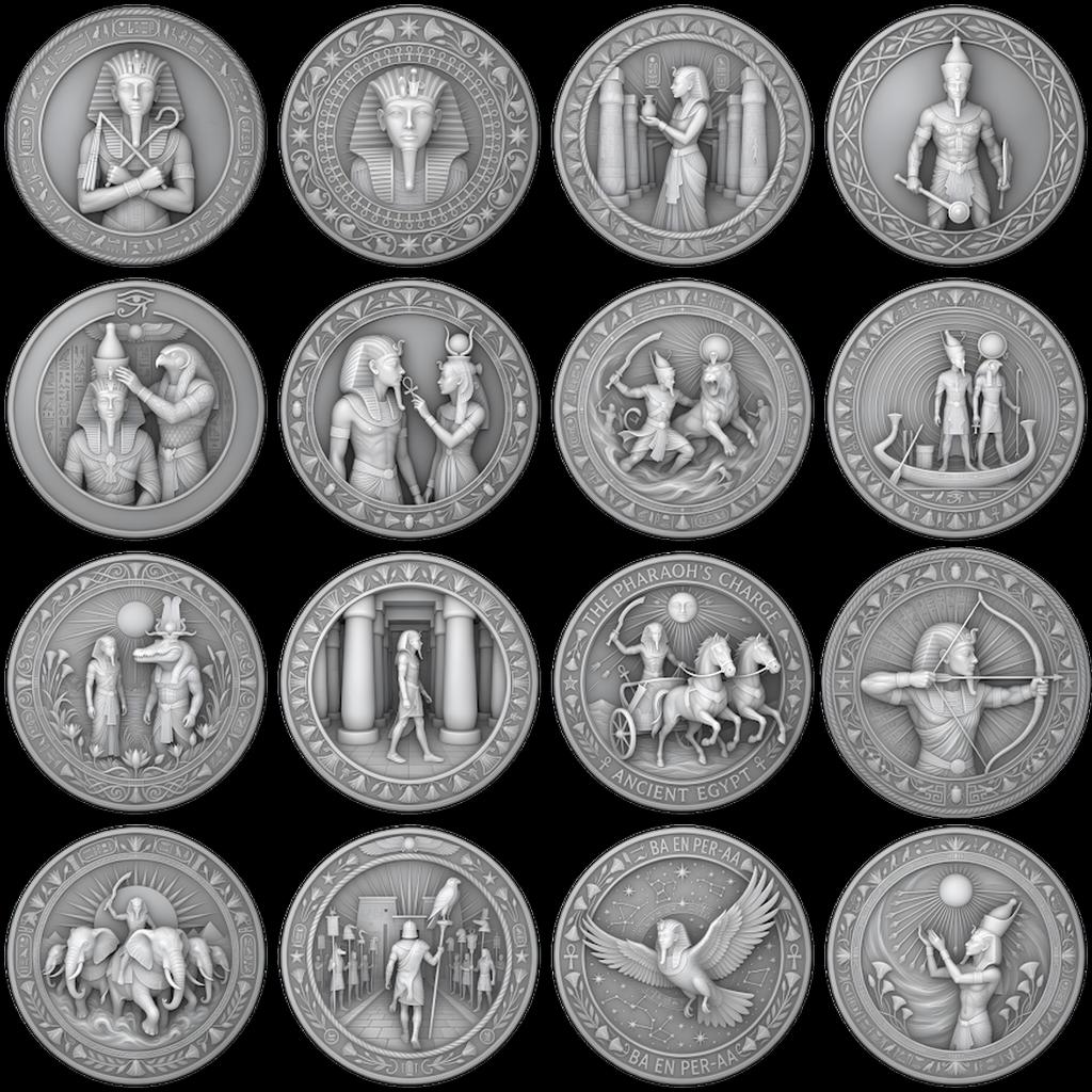 Egyptian Pharaoh Coin, Deep Relief Depth Map for Laser Engraving, PNG Bundle