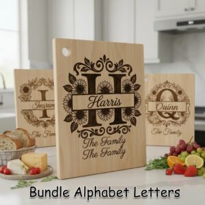 Elegant Floral Monogram Alphabet, Family Name Engraving For Wooden Boards