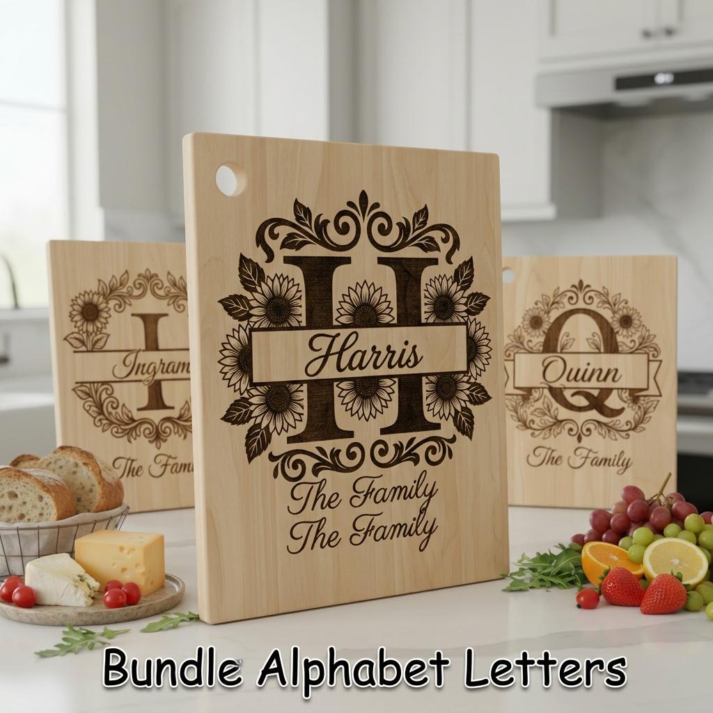 Elegant Floral Monogram Alphabet, Family Name Engraving For Wooden Boards