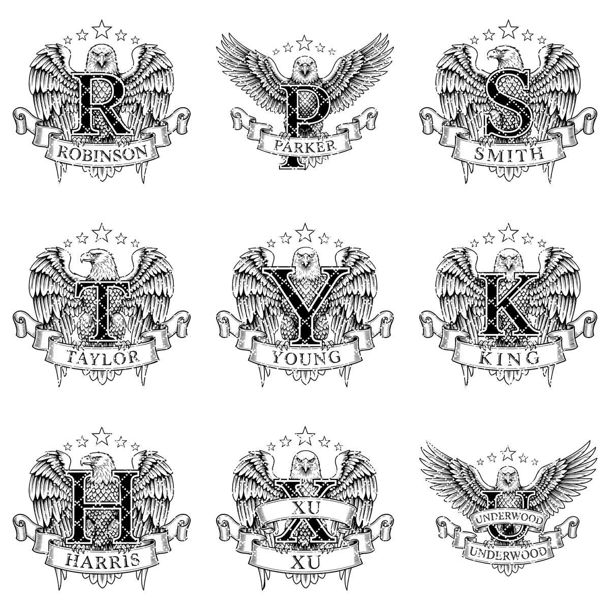 Family Crest Monograms, Alphabet Logos for Engraving, Custom Surname Designs