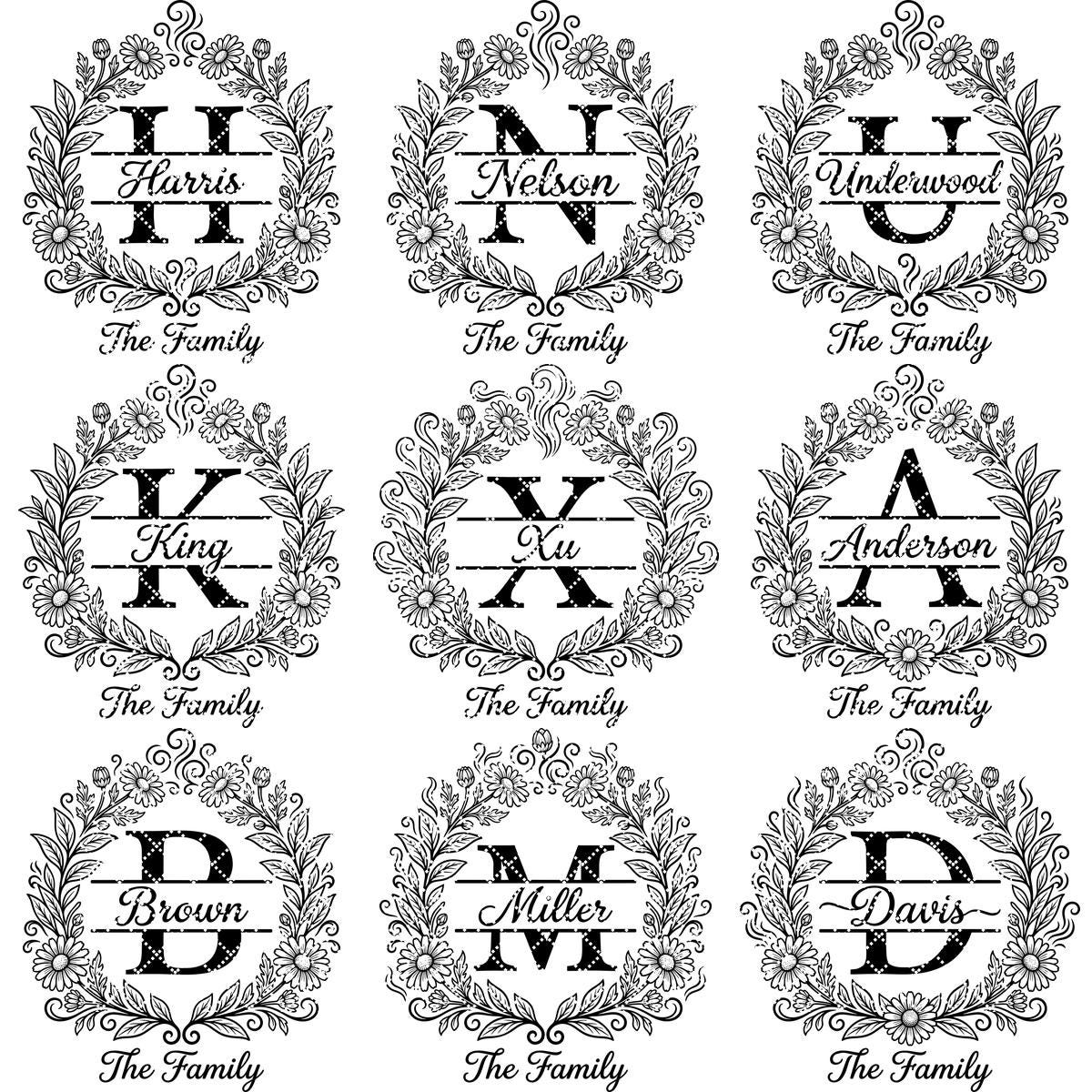 Floral Surname Monogram, Custom Family Name Logo for Laser Engraving
