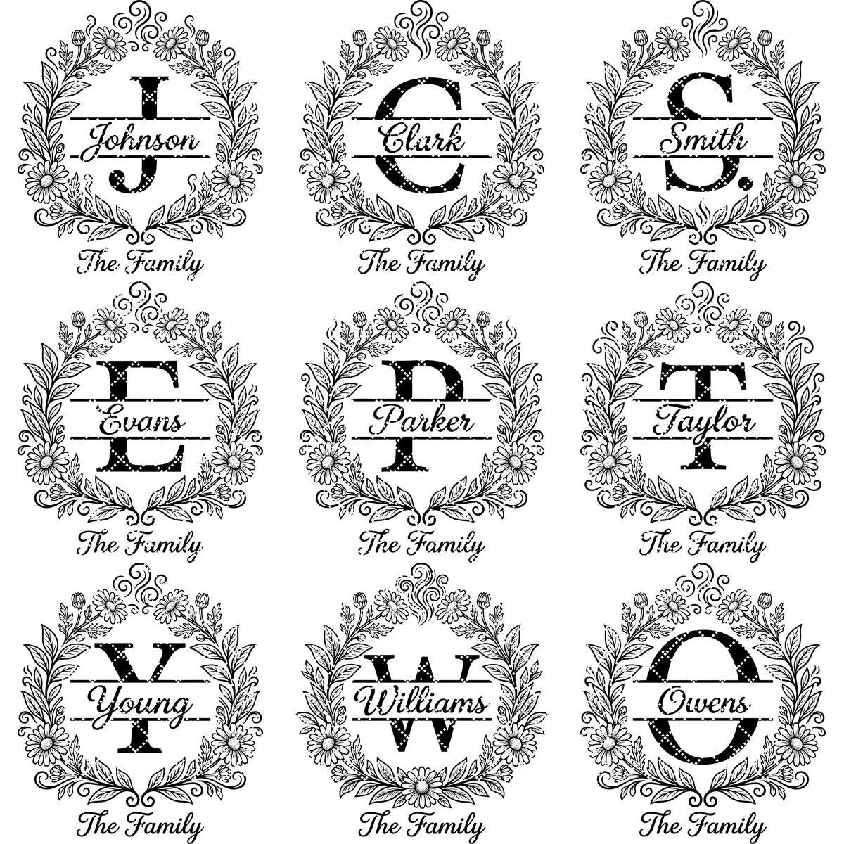 Floral Surname Monogram, Custom Family Name Logo for Laser Engraving