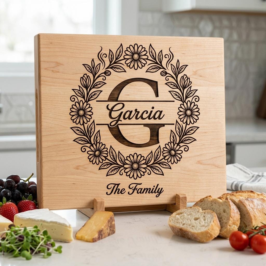Floral Surname Monogram, Custom Family Name Logo for Laser Engraving