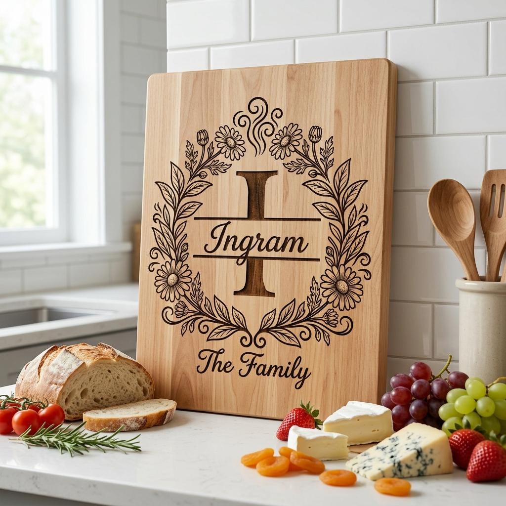 Floral Surname Monogram, Custom Family Name Logo for Laser Engraving