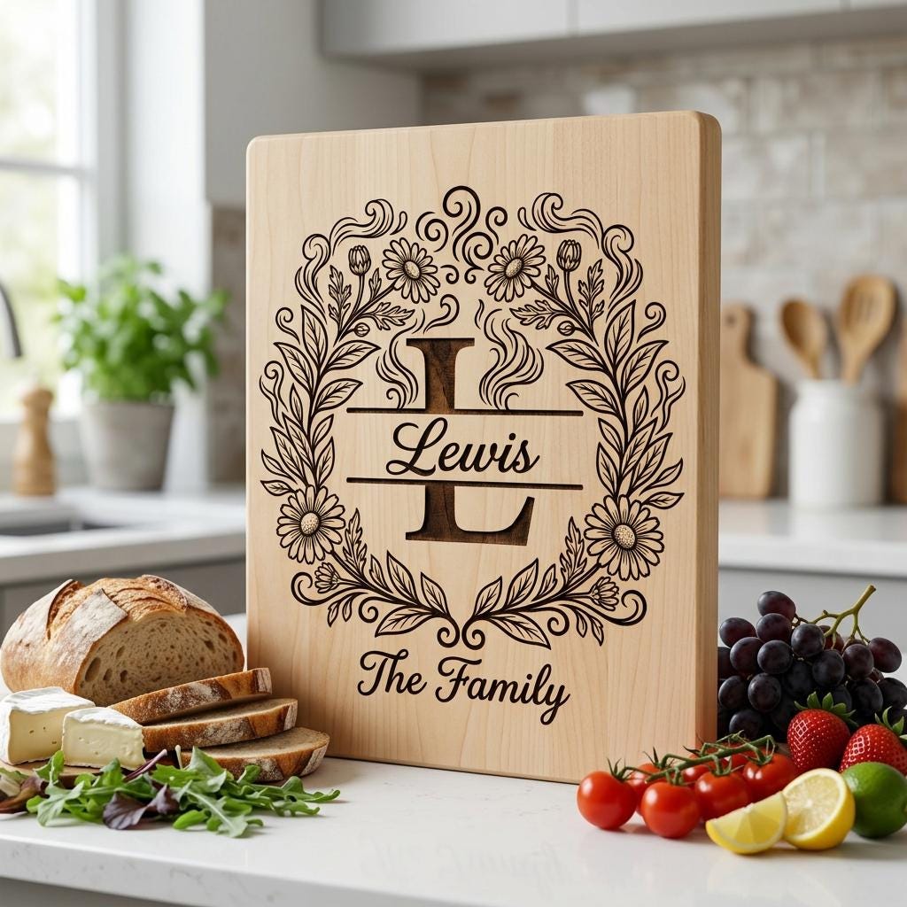 Floral Surname Monogram, Custom Family Name Logo for Laser Engraving