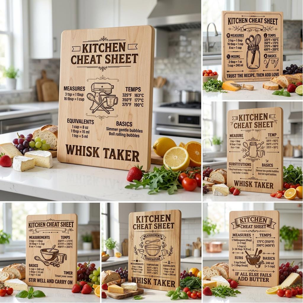 Funny Kitchen Board Engraving, Rustic Charcuterie and Cheat Sheet Designs
