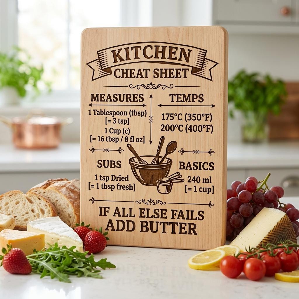 Funny Kitchen Board Engraving, Rustic Charcuterie and Cheat Sheet Designs