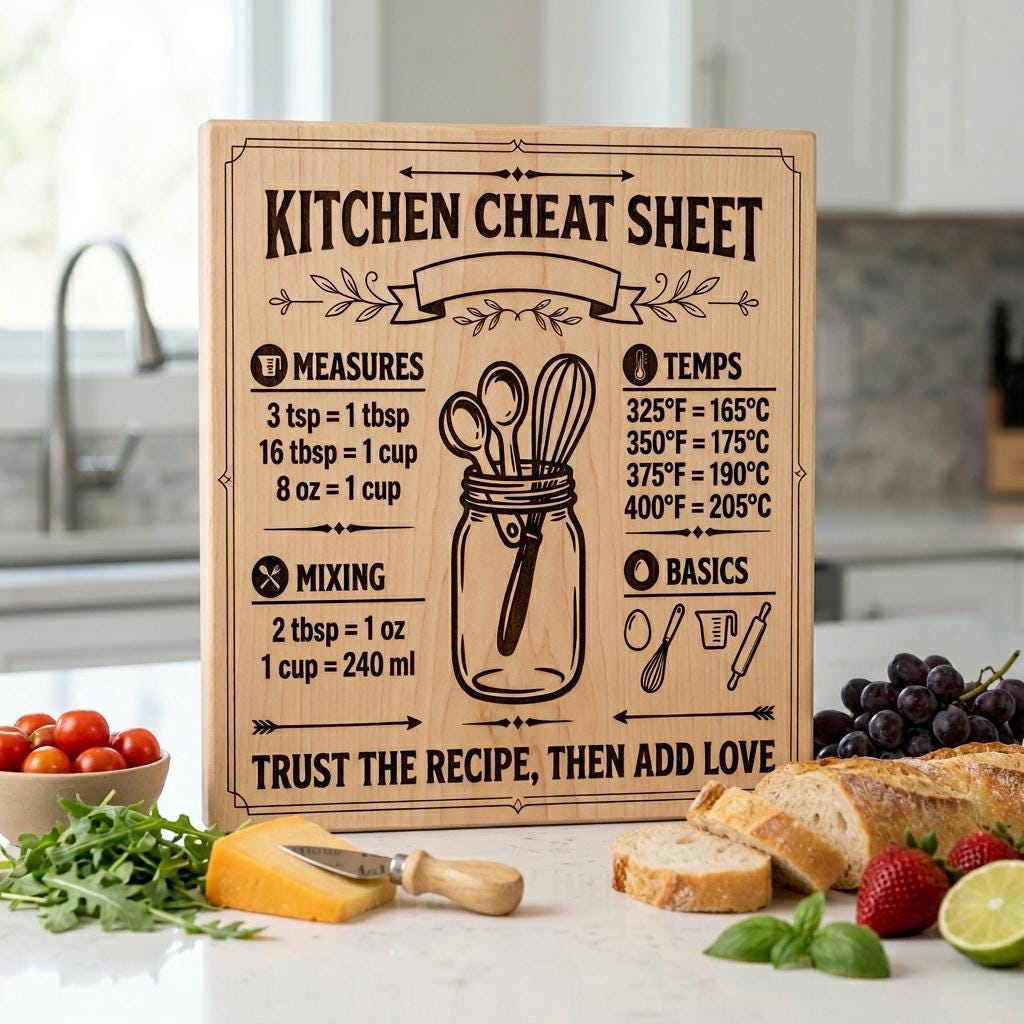 Funny Kitchen Board Engraving, Rustic Charcuterie and Cheat Sheet Designs