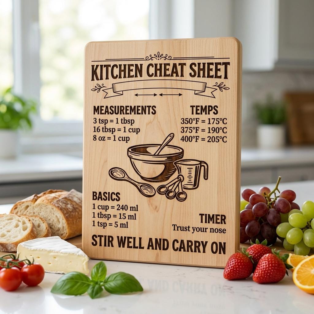 Funny Kitchen Board Engraving, Rustic Charcuterie and Cheat Sheet Designs