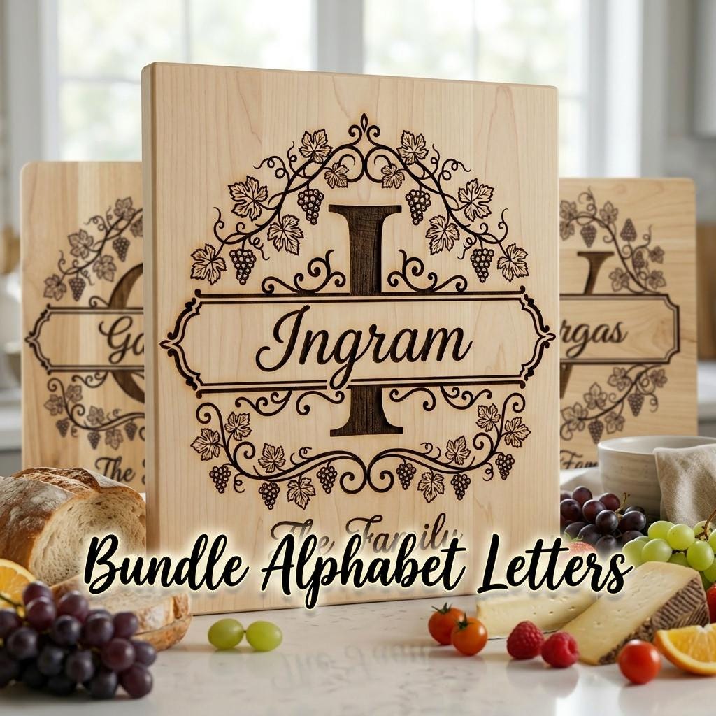 Grapevine Monogram Alphabet for Laser Engraving, Custom Family Board Gift