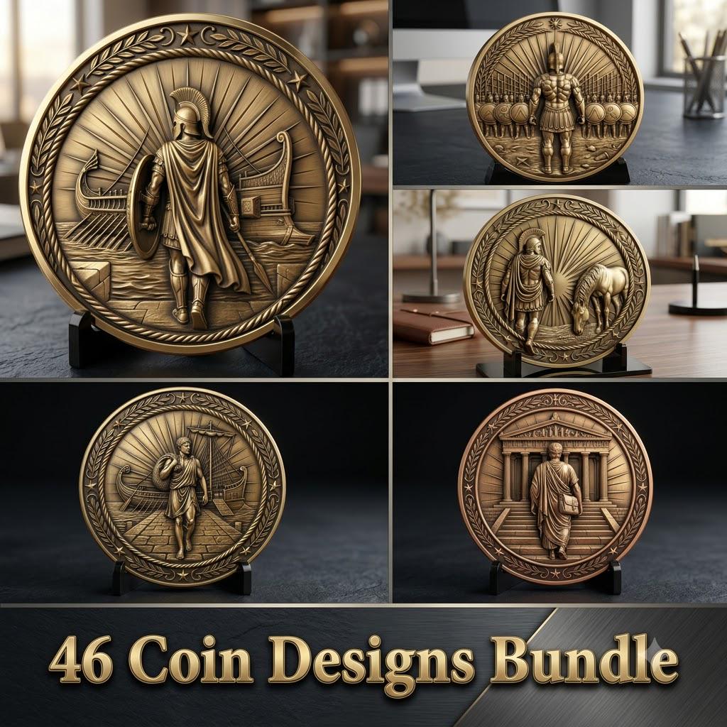 Greek Coin Medallion Depth Map Bundle, Warrior and Ship Relief Laser File