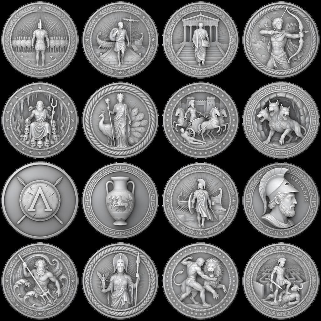 Greek Coin Medallion Depth Map Bundle, Warrior and Ship Relief Laser File