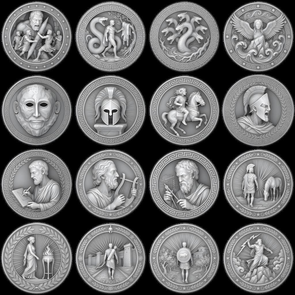 Greek Coin Medallion Depth Map Bundle, Warrior and Ship Relief Laser File