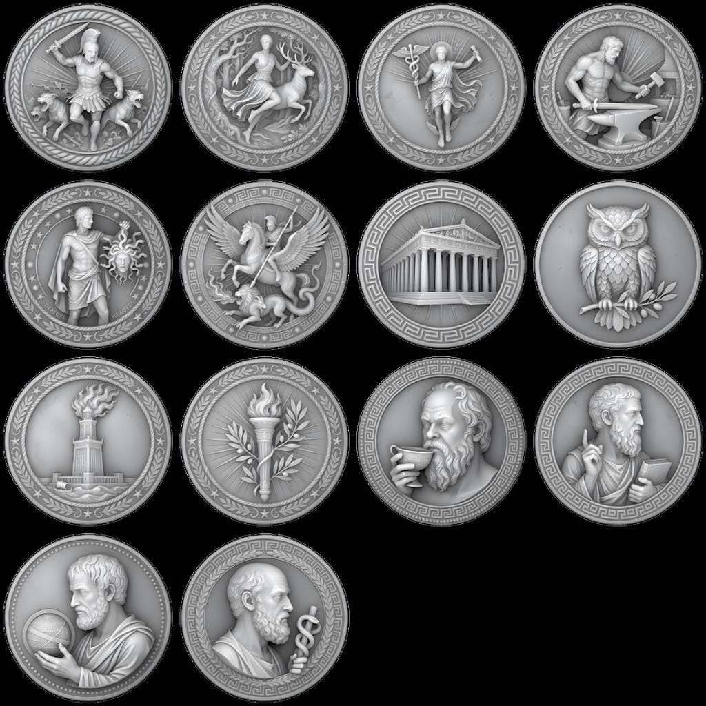 Greek Coin Medallion Depth Map Bundle, Warrior and Ship Relief Laser File
