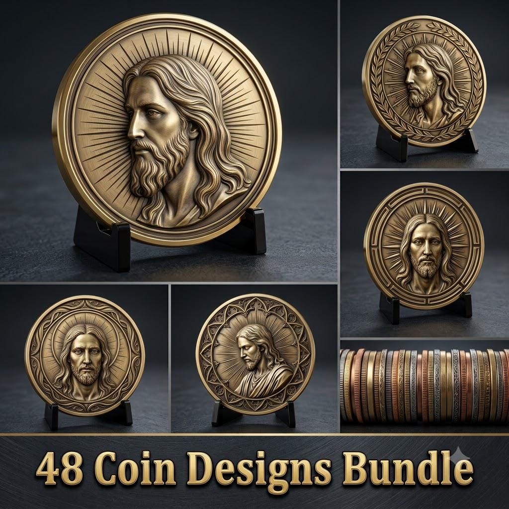 Jesus Coin Engraving Depth Map, Christian Bronze Relief Laser Art Bundle
