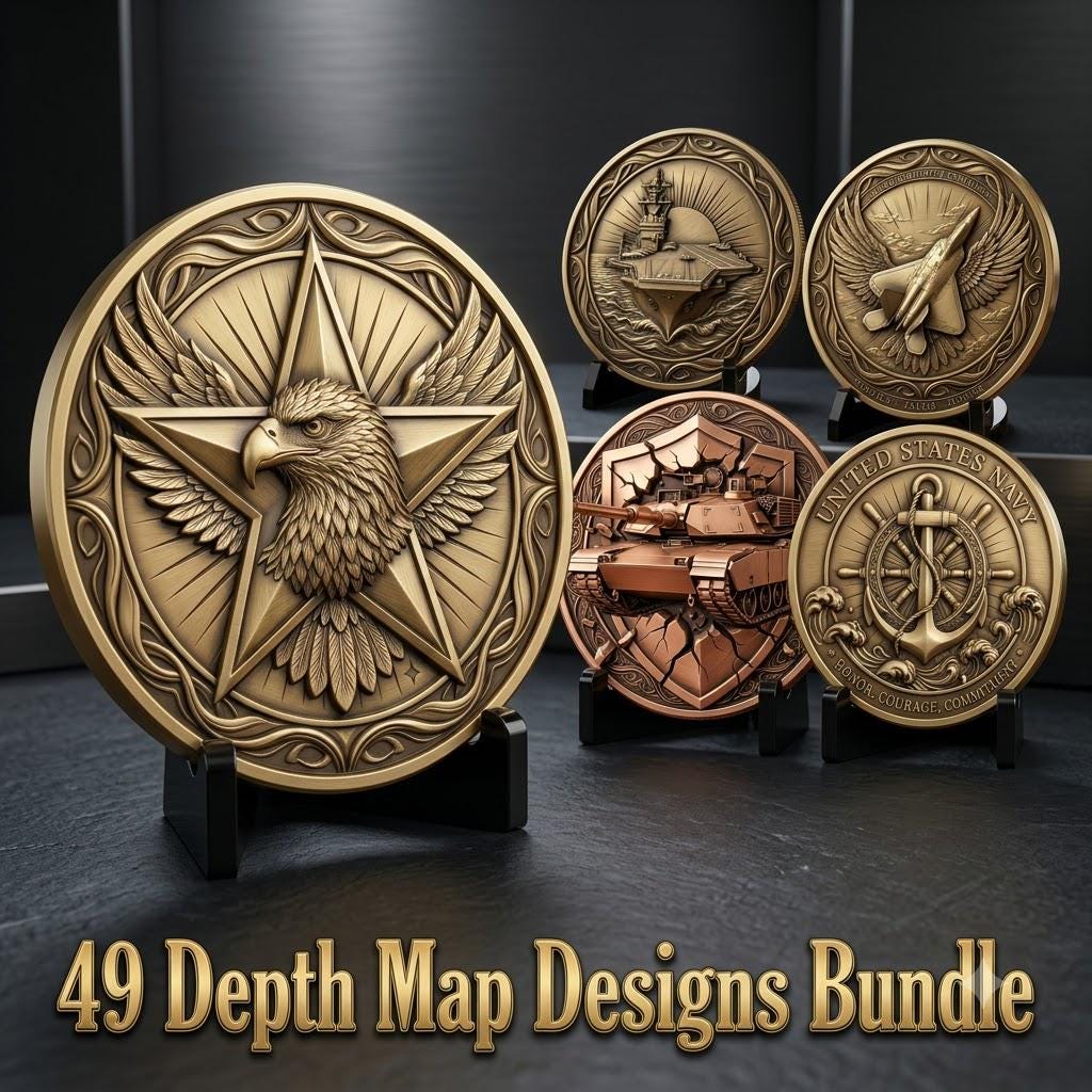 Military Coin Depth Maps, 49 High Detail Relief Files for Laser Engraving