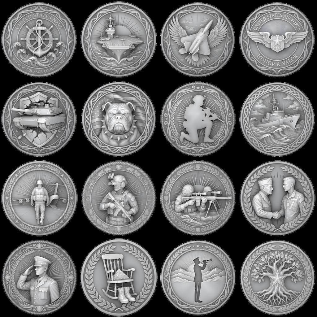 Military Coin Depth Maps, 49 High Detail Relief Files for Laser Engraving