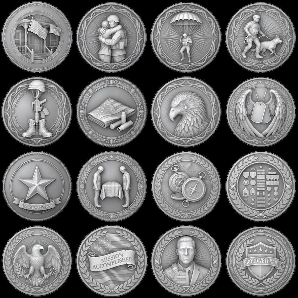 Military Coin Depth Maps, 49 High Detail Relief Files for Laser Engraving