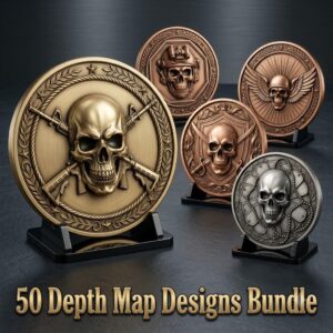 Military Skull Challenge Coin Depth Map, Tactical Laser Engraving Relief PNG