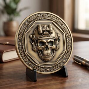 Military Skull Challenge Coin Depth Map, Tactical Laser Engraving Relief PNG