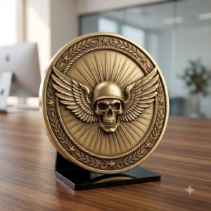Military Skull Challenge Coin Depth Map, Tactical Laser Engraving Relief PNG