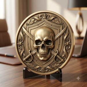 Military Skull Challenge Coin Depth Map, Tactical Laser Engraving Relief PNG