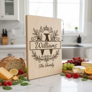 Ornate Monogram Letters, Custom Family Name Laser Designs for Chopping Boards