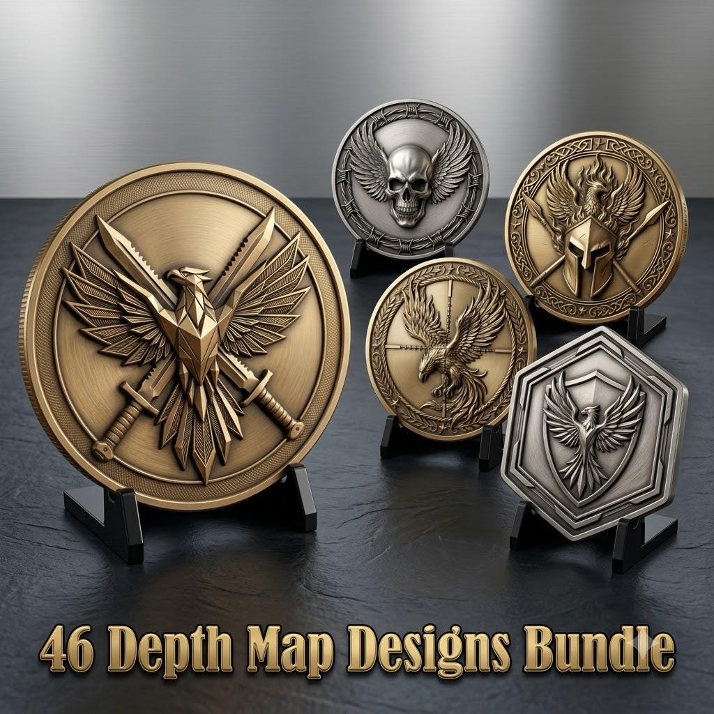 Phoenix Challenge Coin Depth Map, 3D Military Relief for Laser Engraving