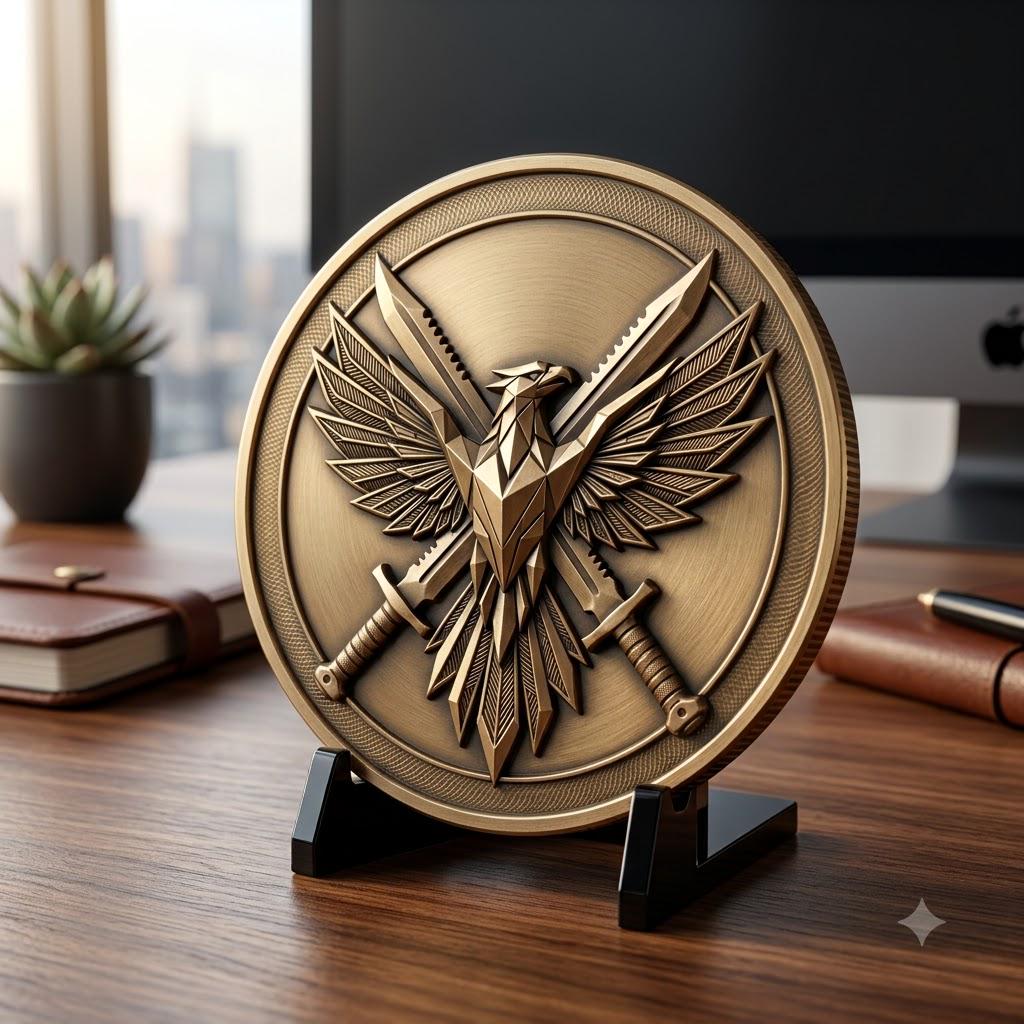 Phoenix Challenge Coin Depth Map, 3D Military Relief for Laser Engraving