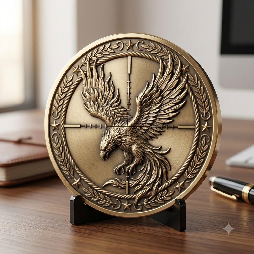 Phoenix Challenge Coin Depth Map, 3D Military Relief for Laser Engraving