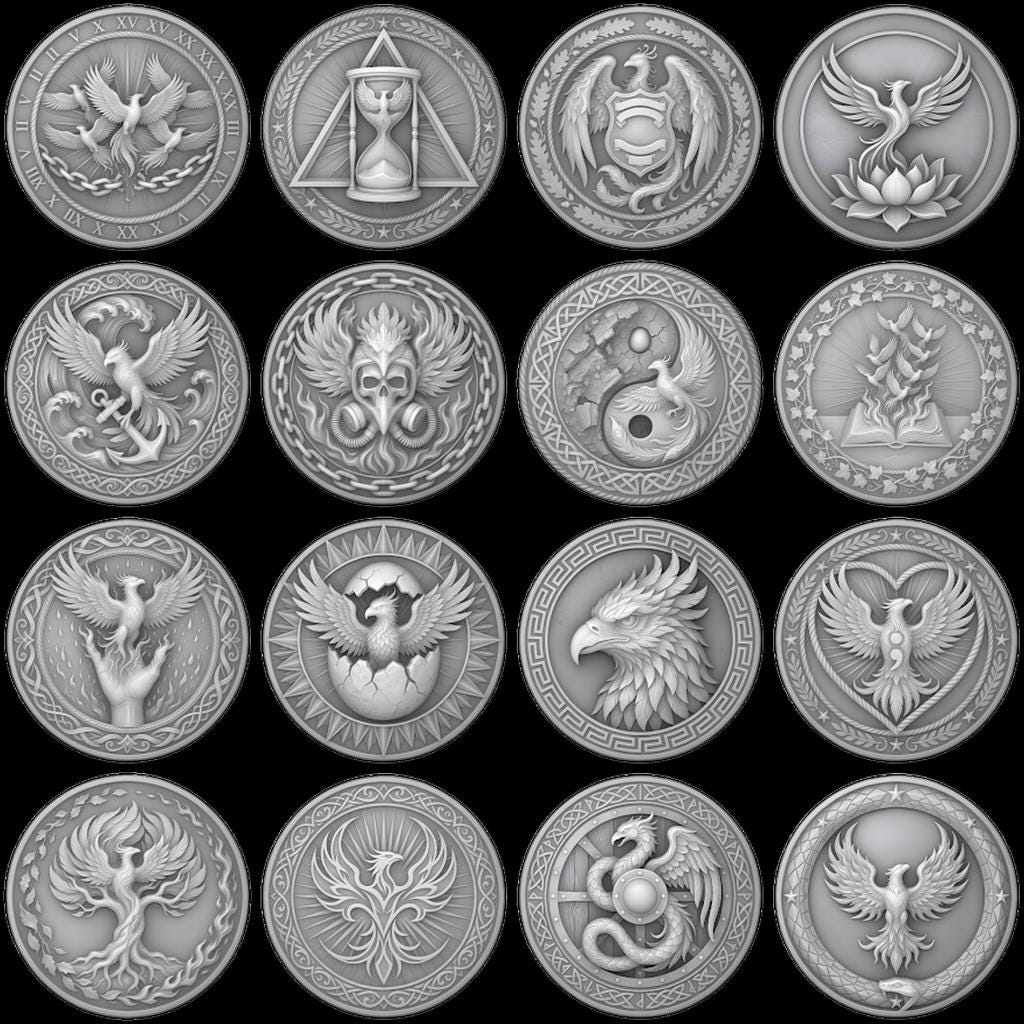 Phoenix Challenge Coin Depth Map, 3D Military Relief for Laser Engraving