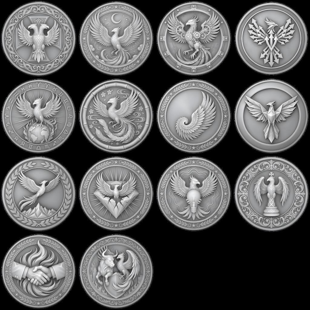 Phoenix Challenge Coin Depth Map, 3D Military Relief for Laser Engraving