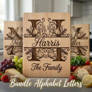 Rustic Monogram Laser Engraving Designs, Custom Family Name Serving Board File