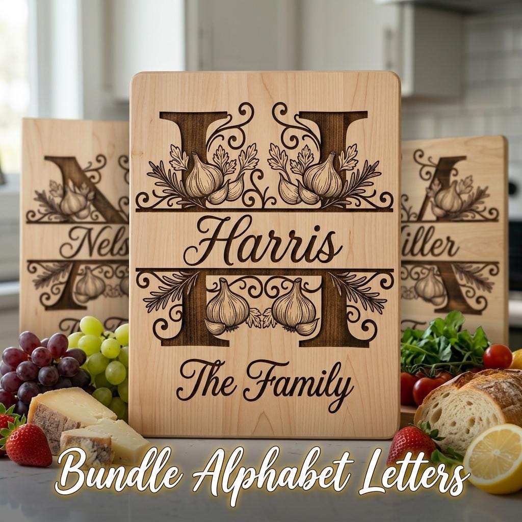 Rustic Monogram Laser Engraving Designs, Custom Family Name Serving Board File