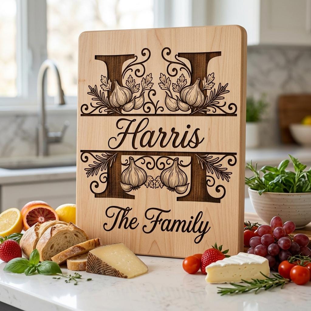 Rustic Monogram Laser Engraving Designs, Custom Family Name Serving Board File
