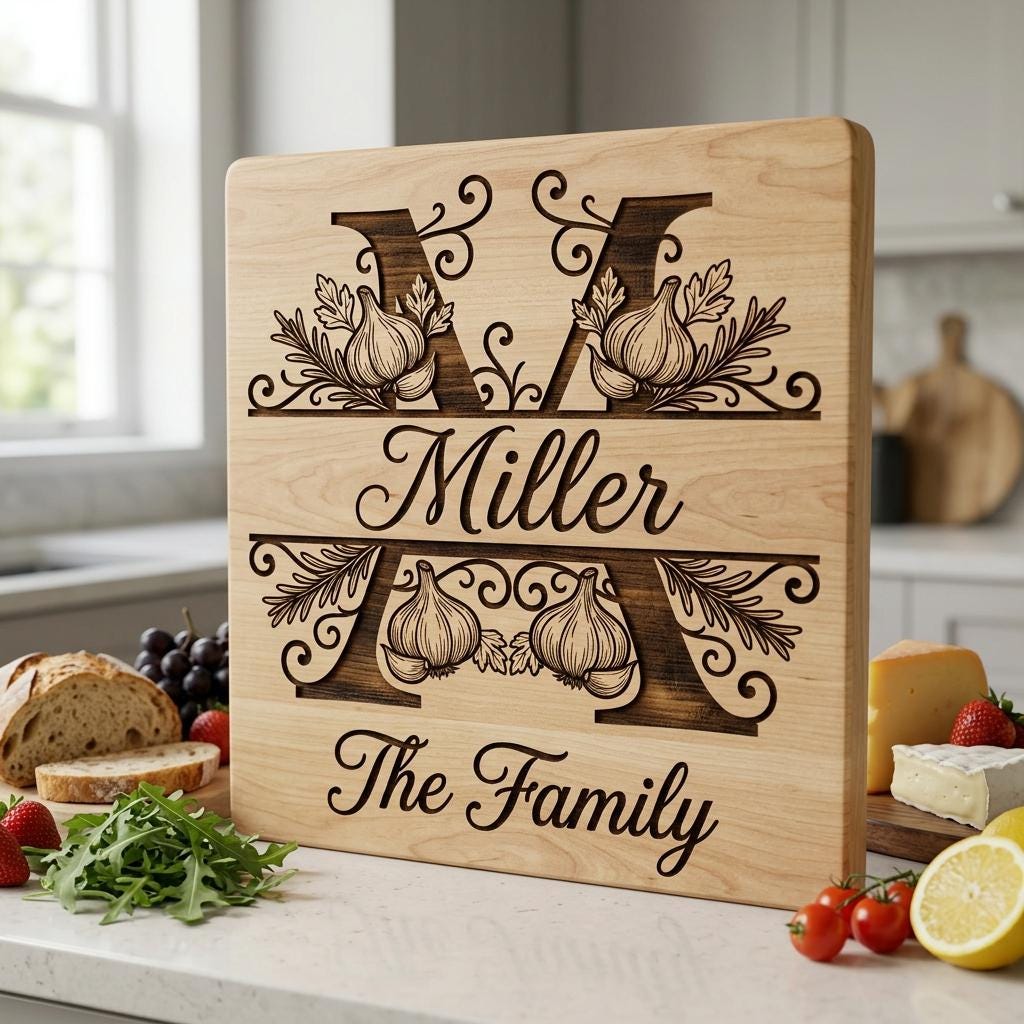Rustic Monogram Laser Engraving Designs, Custom Family Name Serving Board File