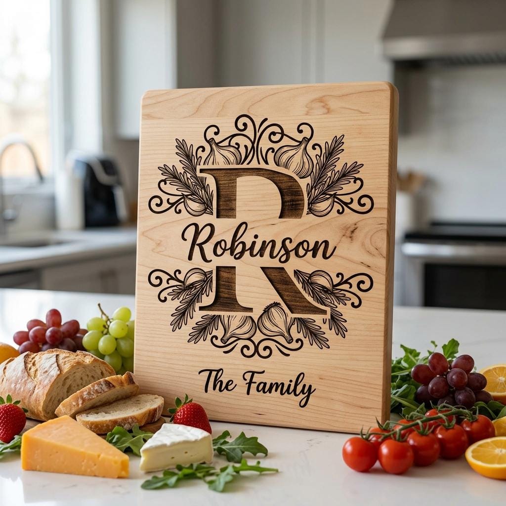 Rustic Monogram Laser Engraving Designs, Custom Family Name Serving Board File